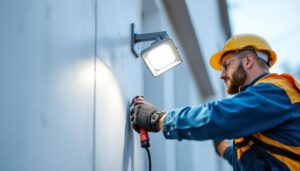 A photograph of a lighting contractor expertly installing a flood light mounting bracket on a building exterior