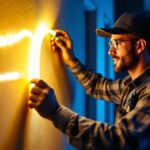 A photograph of a lighting contractor skillfully installing led tape lighting in a modern residential or commercial space