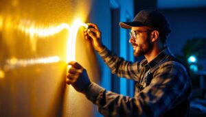 A photograph of a lighting contractor skillfully installing led tape lighting in a modern residential or commercial space