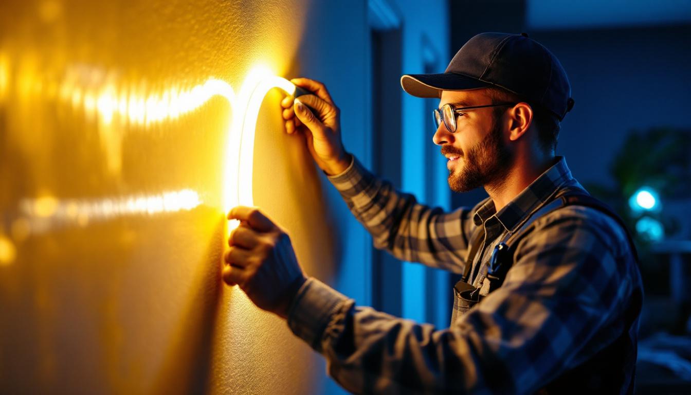 A photograph of a lighting contractor skillfully installing led tape lighting in a modern residential or commercial space