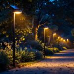 A photograph of capture a photograph of a well-lit outdoor space featuring solar-powered pole lights