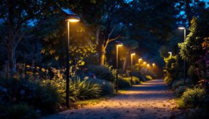 A photograph of capture a photograph of a well-lit outdoor space featuring solar-powered pole lights