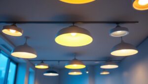 A photograph of a well-lit interior space featuring a variety of stylish led pot light fixtures installed in the ceiling