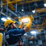 A photograph of a lighting contractor installing explosion-proof light fixtures in a hazardous industrial environment