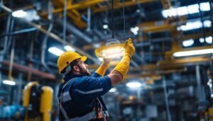 A photograph of a lighting contractor installing explosion-proof light fixtures in a hazardous industrial environment