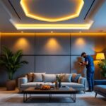 A photograph of a modern living room featuring stylish ceiling lights that blend seamlessly with the decor