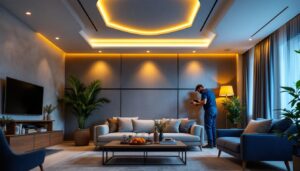 A photograph of a modern living room featuring stylish ceiling lights that blend seamlessly with the decor