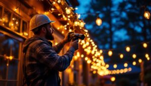 A photograph of a skilled lighting contractor installing vibrant commercial light strings on a festive outdoor venue
