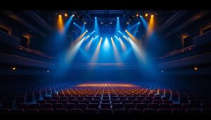 A photograph of a well-designed auditorium showcasing various lighting setups