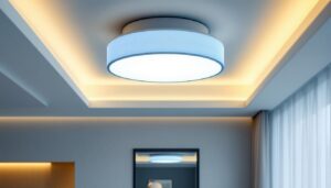 A photograph of a beautifully designed large flush mount ceiling light installed in a modern interior space