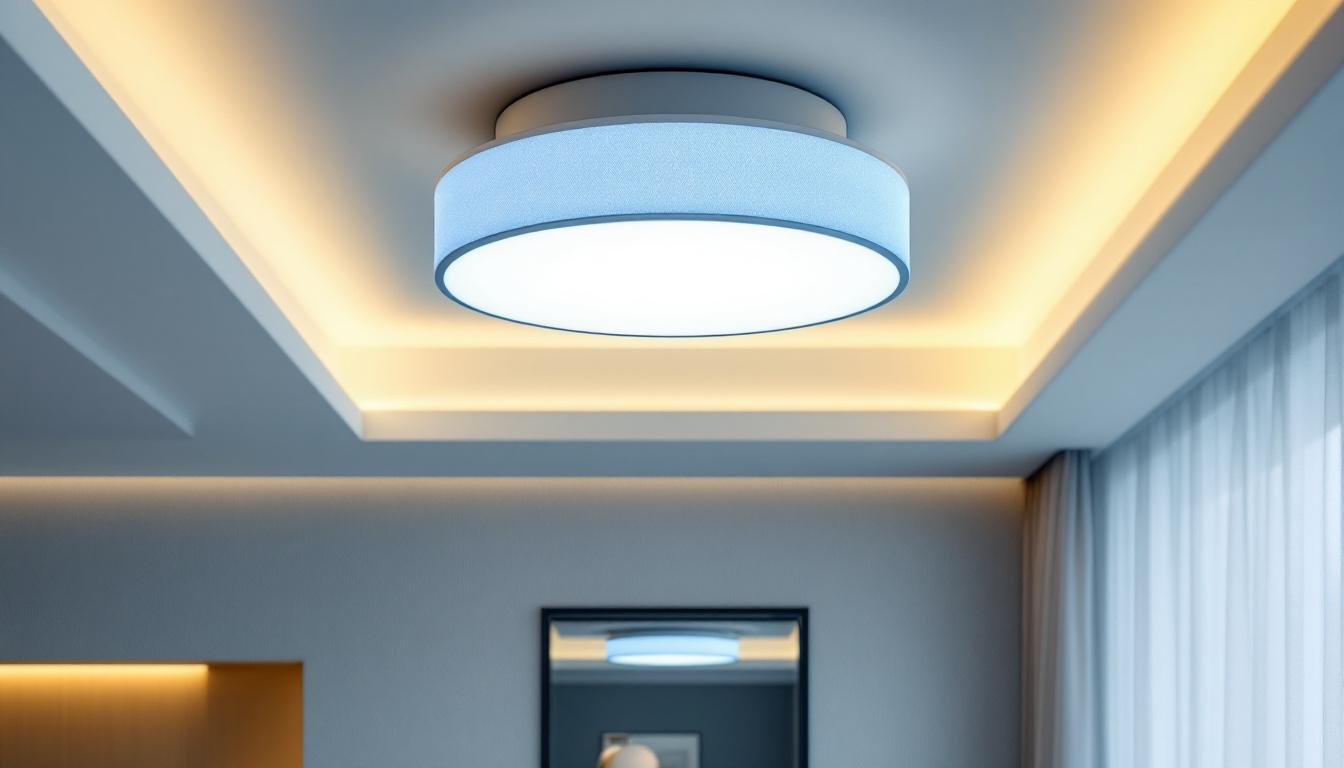 A photograph of a beautifully designed large flush mount ceiling light installed in a modern interior space