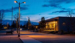 A photograph of a well-lit outdoor commercial space featuring pole lights