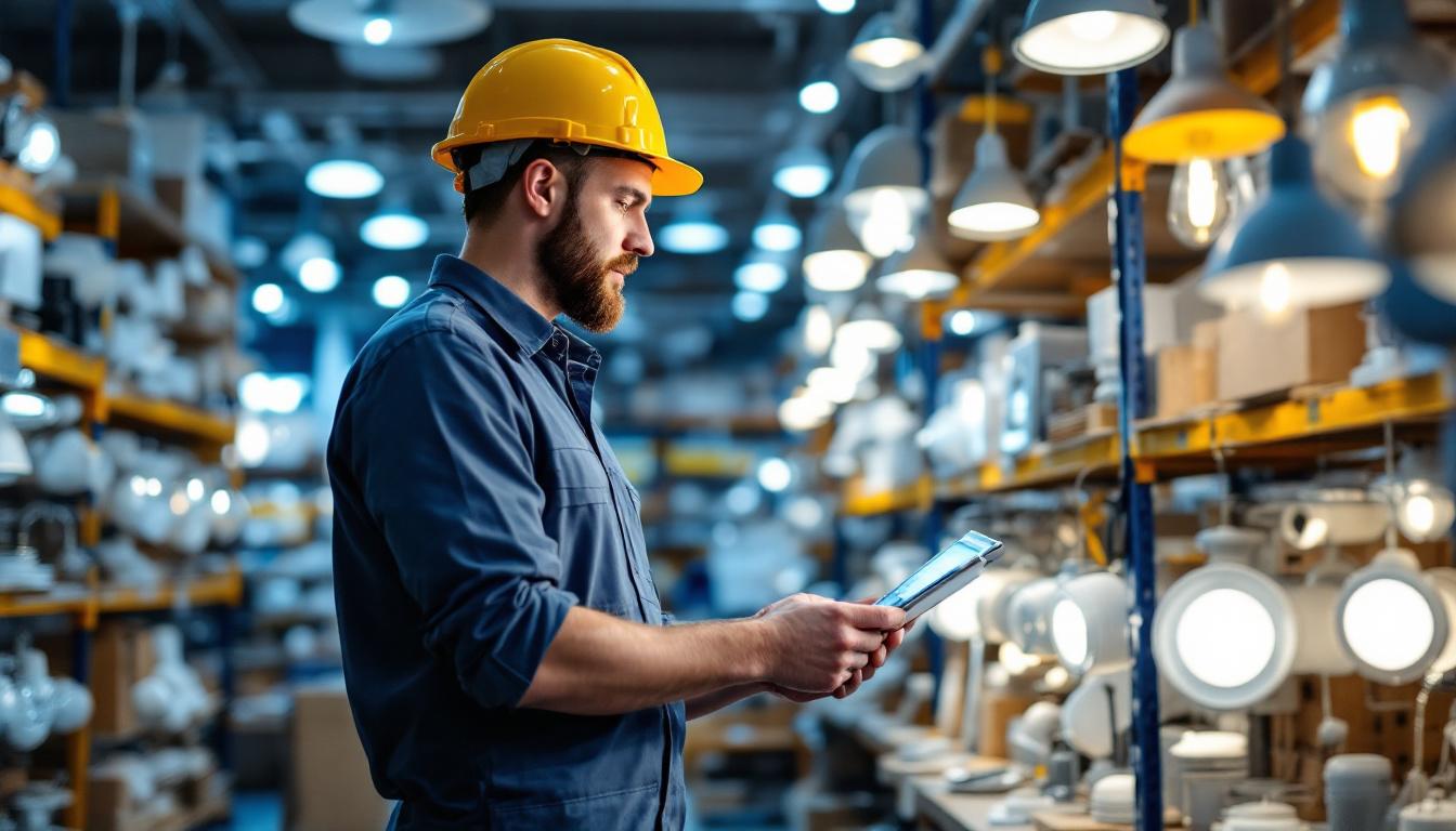A photograph of a lighting contractor examining various lighting fixtures in a well-organized wholesale showroom
