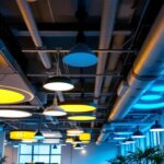A photograph of a well-lit modern office space featuring various ceiling lighting designs