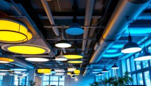 A photograph of a well-lit modern office space featuring various ceiling lighting designs