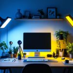 A photograph of a beautifully arranged workspace featuring various led light setups in action