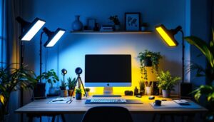 A photograph of a beautifully arranged workspace featuring various led light setups in action