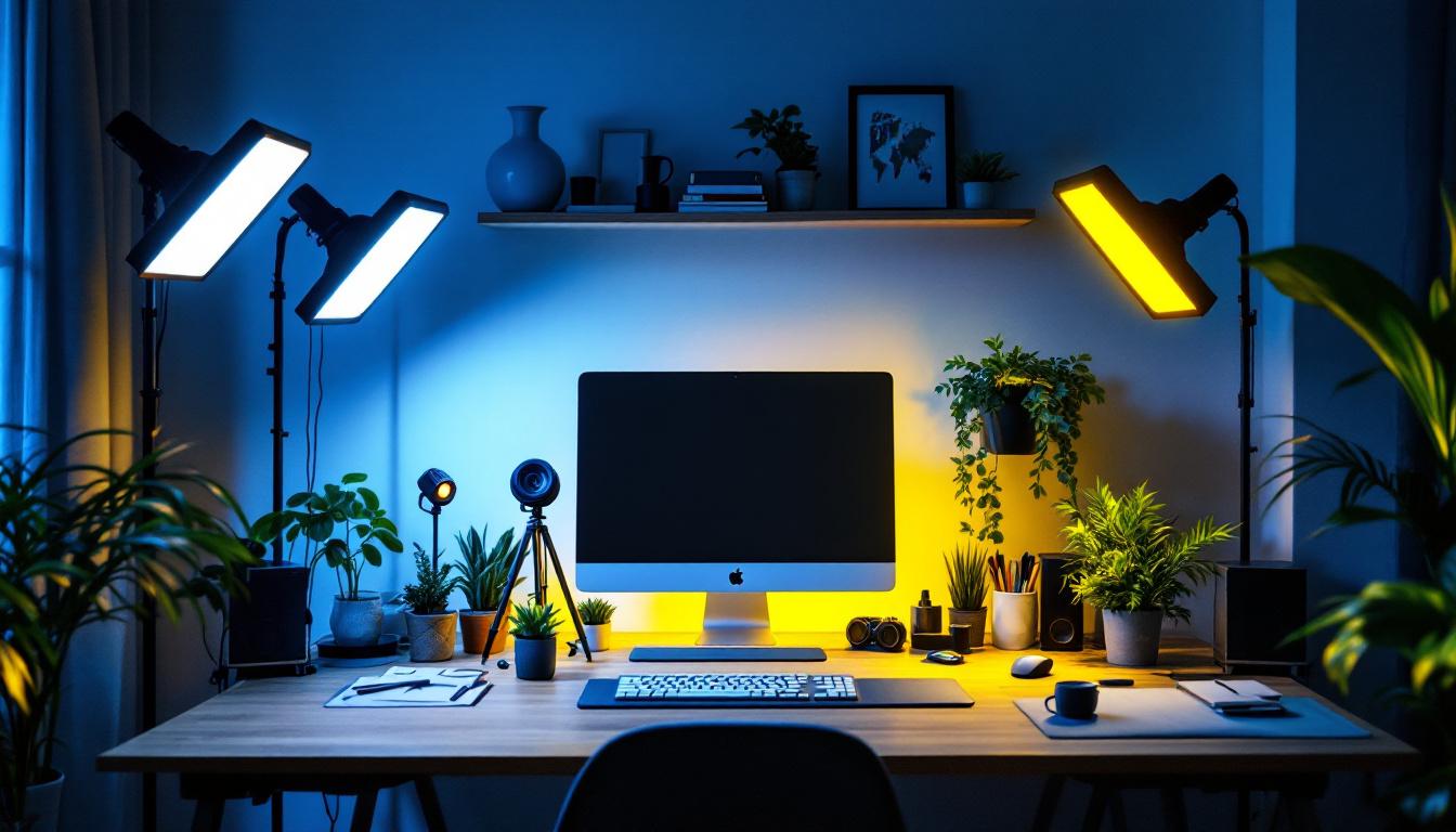 A photograph of a beautifully arranged workspace featuring various led light setups in action