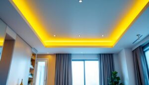 A photograph of a well-lit interior space showcasing a modern drop ceiling with stylish recessed lighting