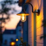 A photograph of a beautifully installed exterior gooseneck light illuminating a charming building facade at dusk