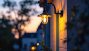A photograph of a beautifully installed exterior gooseneck light illuminating a charming building facade at dusk