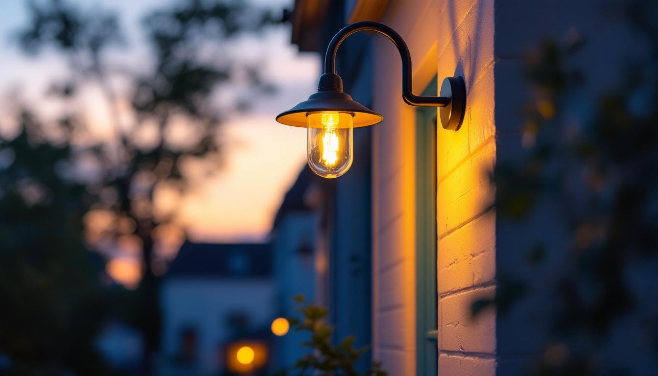 A photograph of a beautifully installed exterior gooseneck light illuminating a charming building facade at dusk