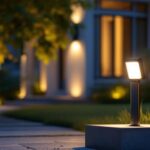 A photograph of a well-lit outdoor setting featuring a sleek led dusk-to-dawn security light illuminating a driveway or garden area at twilight
