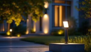 A photograph of a well-lit outdoor setting featuring a sleek led dusk-to-dawn security light illuminating a driveway or garden area at twilight