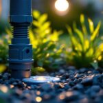 A photograph of a close-up shot of a waterproof landscape lighting connector being installed in a garden setting