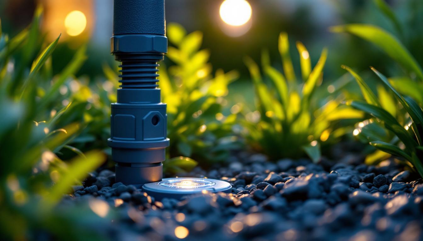 A photograph of a close-up shot of a waterproof landscape lighting connector being installed in a garden setting