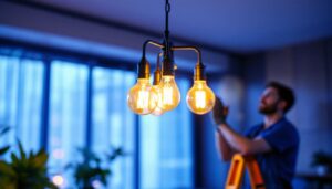A photograph of a stylish 4 bulb light fixture in a modern interior setting