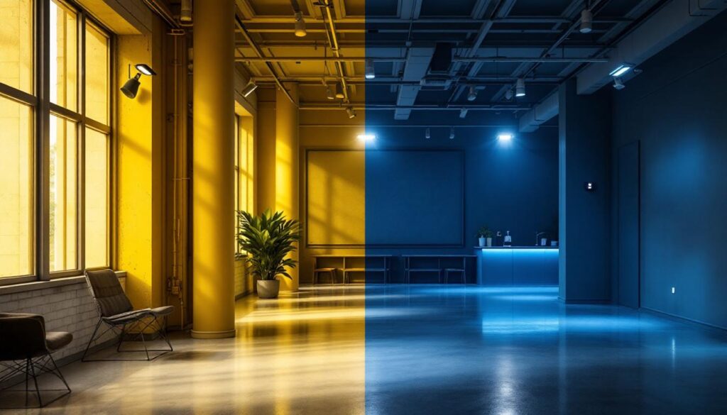 A photograph of a commercial space showcasing various lighting setups with motion sensors in action