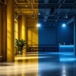 A photograph of a commercial space showcasing various lighting setups with motion sensors in action