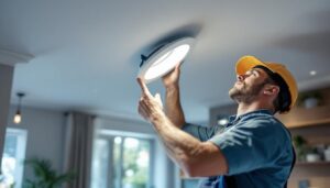 A photograph of a skilled lighting contractor installing an 8-inch recessed light fixture in a modern home