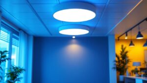 A photograph of a well-lit interior space featuring a modern installation of 2x4 ceiling lights