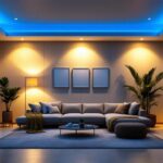A photograph of a well-lit room featuring various styles of 8 led recessed downlights installed in a modern home setting