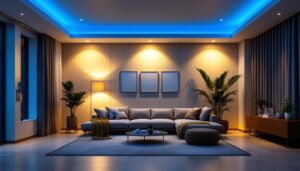 A photograph of a well-lit room featuring various styles of 8 led recessed downlights installed in a modern home setting