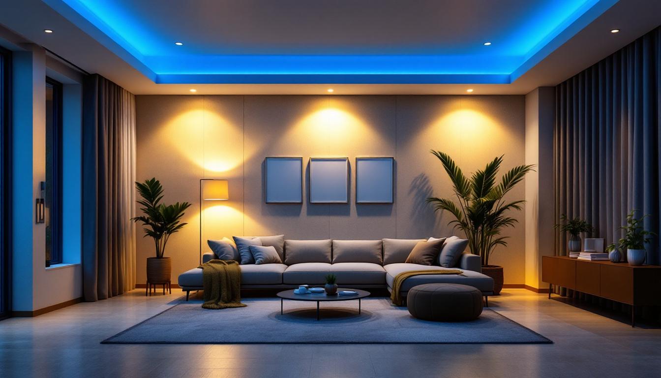 A photograph of a well-lit room featuring various styles of 8 led recessed downlights installed in a modern home setting