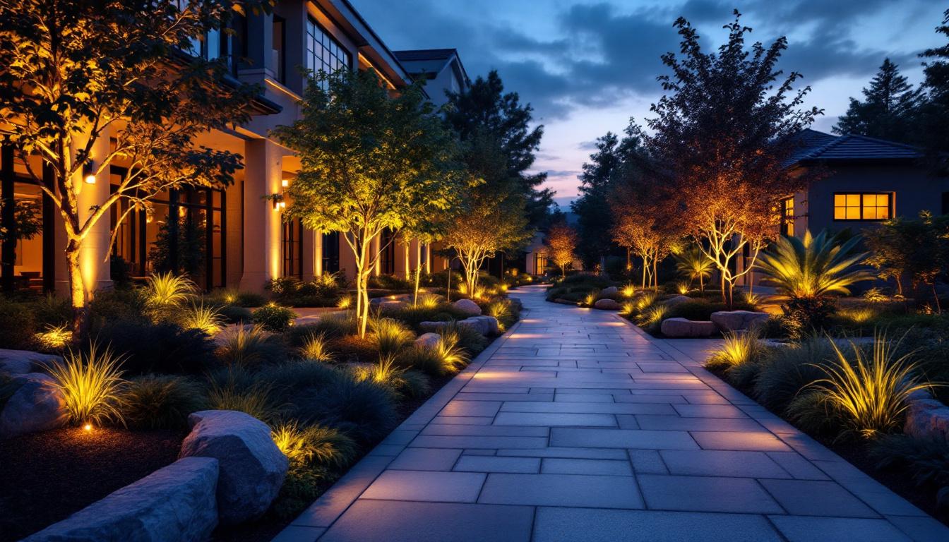 A photograph of a beautifully illuminated outdoor space at dusk