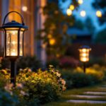 A photograph of a beautifully lit outdoor scene featuring solar led lanterns illuminating a garden or patio
