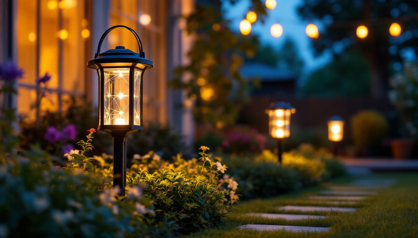 A photograph of a beautifully lit outdoor scene featuring solar led lanterns illuminating a garden or patio