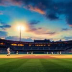 A photograph of a well-lit baseball field at dusk