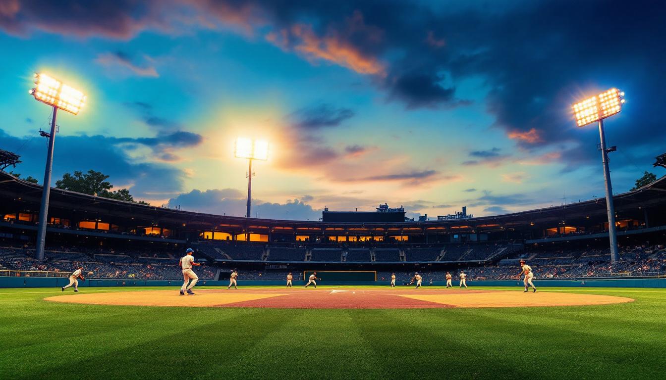 A photograph of a well-lit baseball field at dusk