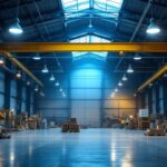 A photograph of a well-lit warehouse interior showcasing various types of industrial lighting fixtures in use
