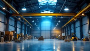 A photograph of a well-lit warehouse interior showcasing various types of industrial lighting fixtures in use