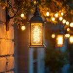 A photograph of a well-lit outdoor setting featuring a beautifully designed led hanging lantern