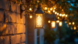 A photograph of a well-lit outdoor setting featuring a beautifully designed led hanging lantern
