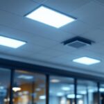 A photograph of a well-lit suspended ceiling featuring 2x2 led light fixtures