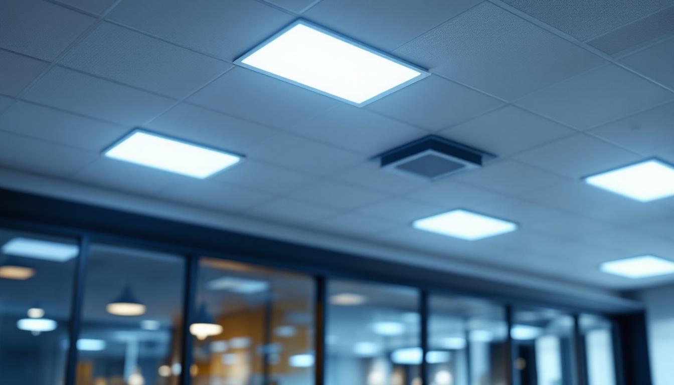A photograph of a well-lit suspended ceiling featuring 2x2 led light fixtures