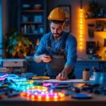 A photograph of a well-organized workspace featuring a variety of colorful led tape lights